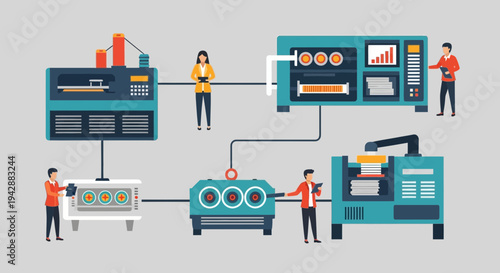 Automated manufacturing line with workers overseeing production processes