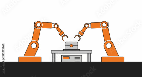 Two orange robotic arms work together on a grey object on a factory assembly line