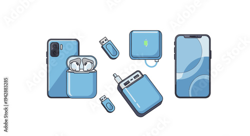 Illustration shows various electronic devices and gadgets scattered on a surface