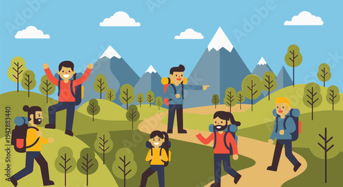 People hiking on a mountain trail surrounded by trees and landscape