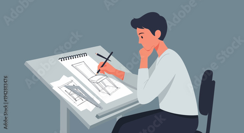 Young furniture designer meticulously sketching a chair concept at a drafting table