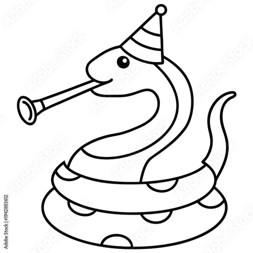 A black and white line drawing of a snake wearing a party hat and blowing a horn
