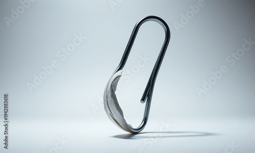 Elegant and surreal close-up of an oversized, twisted paperclip forming an impossible, sculptural, gravity-defying shape against a minimalist studio background, illuminated by dramatic light, ideal