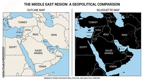 Middle East Map Vector – Geopolitical Comparison, Outline and Silhouette Regional Graphic