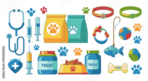 A colorful illustration of various dog care items and accessories arranged on a white background.