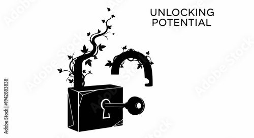Unlock creativity and growth with a key opening a padlock adorned with vines and leaves.