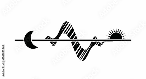 Abstract representation of a sound wave with moon and sun symbols, symbolizing day and night cycles.