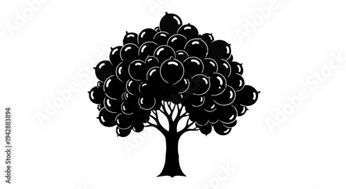 Stylized silhouette of a fruitful tree with abundant berries against a white background