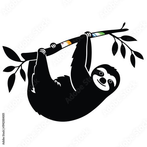 A black silhouette of a cute smiling sloth hanging from a colorful branch