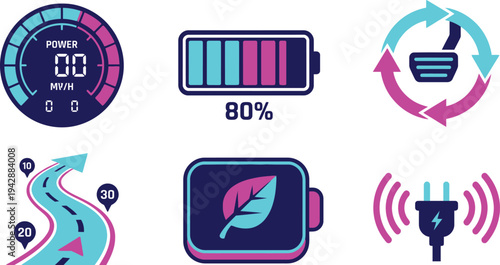 Electric vehicle digital interface icons with speedometer battery SOC regenerative braking in cyan magenta dark blue for UI technology branding design