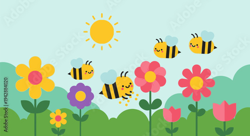 Bees flying around colorful flowers in a sunny garden on a bright day