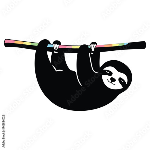 A black silhouette of a smiling sloth hanging from a rainbow colored branch