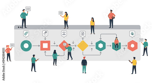 Diverse group of people collaborating on a complex business workflow flowchart, illustrating strategic process management and teamwork for efficient project completion.