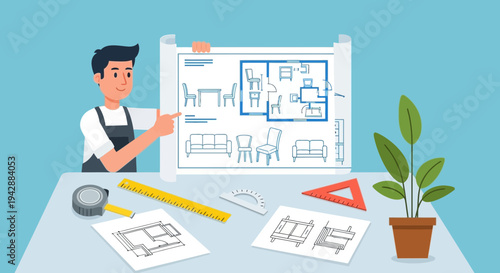 An architect points to a house blueprint with furniture layouts and design plans on a table with tools