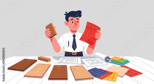 Interior designer holding wood and fabric samples, comparing materials at a desk with blueprints and swatches for home renovation planning