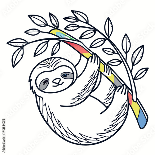 Colorful cartoon sloth hanging from a rainbow leafy tree branch