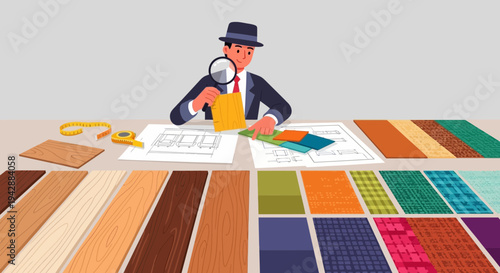 A man in a hat and suit meticulously examining material samples for a design project with blueprints laid out on the table