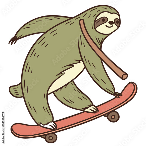 A green sloth riding on a skateboard with a happy expression