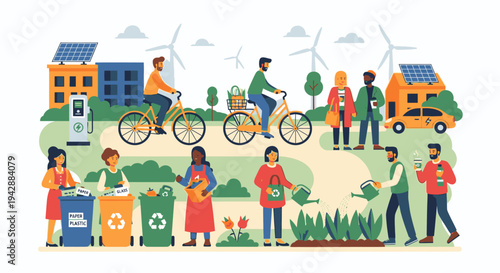 People cycling and recycling in a green park with solar panels and wind turbines