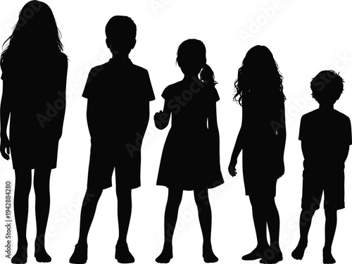 Children silhouettes standing together, diverse kids group lineup, childhood friendship concept, young students isolated illustration