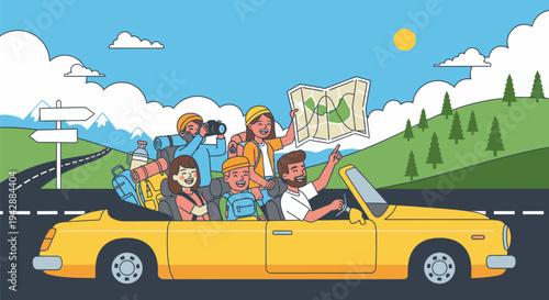 Family on a road trip adventure with luggage in a yellow convertible car