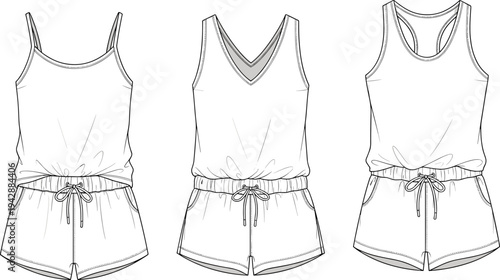Women romper technical flat sketch set sleeveless playsuit with shorts and drawstring waist front views apparel fashion design template vector