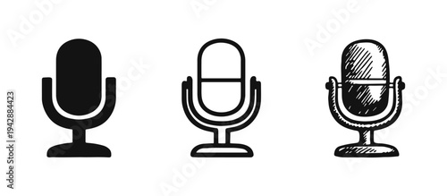 Microphone Icons Set in Solid, Outline, and Hand-Drawn Styles for Audio Recording and Broadcast