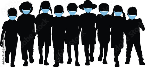 Children wearing face masks silhouettes, kids protection during pandemic, health safety concept isolated on white background