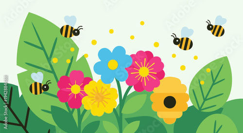 Colorful flowers and green leaves with busy bees flying around them outdoors