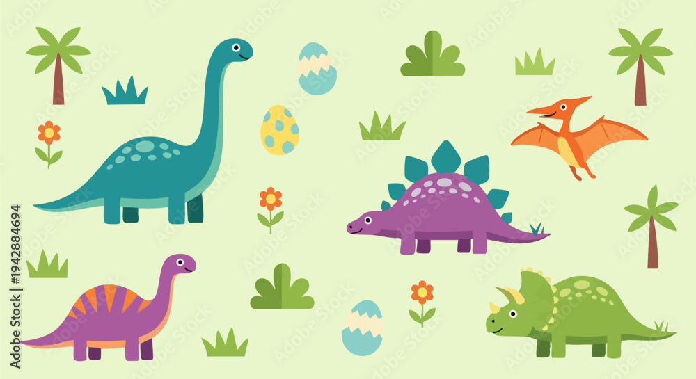 Obraz premium Cute Cartoon Dinosaur Vector Set with Brontosaurus, Stegosaurus, Triceratops, Pterodactyl, and Tyrannosaurus Rex for Kids' Designs and Educational Content