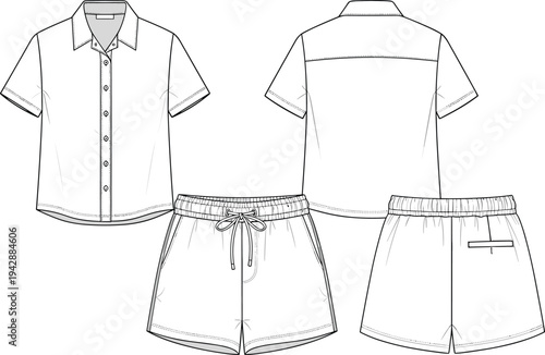 Women casual summer clothing set technical fashion illustration with short sleeve button shirt and drawstring shorts front and back view template