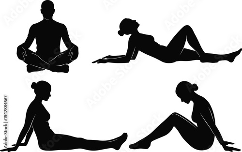 Woman yoga and meditation silhouette set showing seated stretching relaxation poses for fitness, mindfulness exercise, healthy lifestyle practice isolated on white background