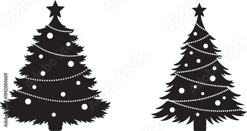 Black Silhouette Christmas Trees with White Decorations Isolated