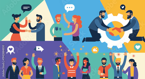 People collaborate and interact in a vibrant, diverse setting with teamwork and communication