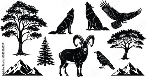 Wildlife silhouette collection featuring howling wolves, flying eagle, raven, alpine ibex ram, trees and mountains isolated for forest nature design elements