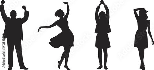 Dancing people silhouettes collection, man and woman dance poses, celebration movement lifestyle concept, black vector illustration isolated set