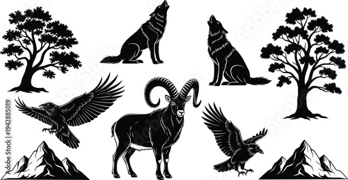 Wildlife and nature silhouette set featuring wolves eagles mountain goat trees and mountains isolated on white background wilderness vector illustration collection