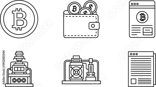 A collection of black line icons represents cryptocurrency concepts including Bitcoin digital money hardware mining and financial documentation