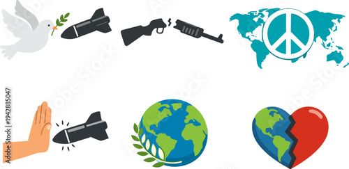 Concepts of world peace, anti-war, and global unity on a white background