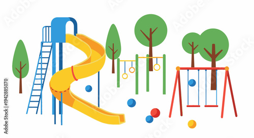 Children play on a colorful playground with a yellow slide and swings outdoors