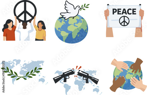Vector collage illustrating peace, global unity, anti-war efforts, and harmony on Earth