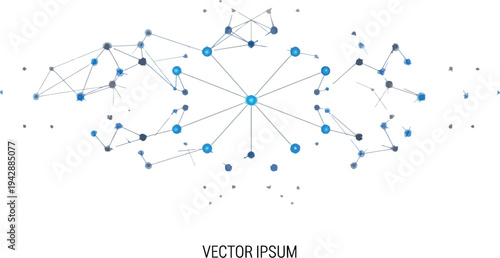 An intricate abstract geometric network connecting blue and grey dots with lines, representing digital technology, data science, and global communication on a clean white background.