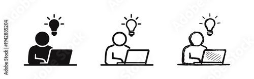Person working on laptop with a lightbulb idea icon set for innovation and problem-solving concepts