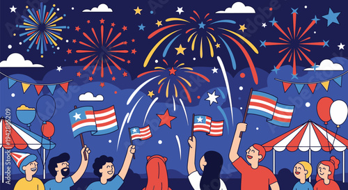 People celebrate with fireworks and flags at a nighttime carnival