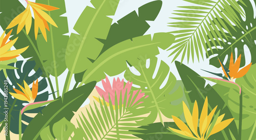 Vibrant tropical jungle scene with lush greenery and exotic plants on display