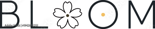 A charming and minimalist graphic design featuring the word bloom, with a delicate pink cherry blossom replacing one of the 'o' letters, perfect for spring themed concepts.