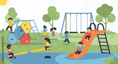 Children play on colorful playground equipment in a sunny park with swings and slides