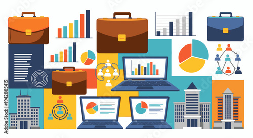 Business professionals analyze data on laptops and papers in office