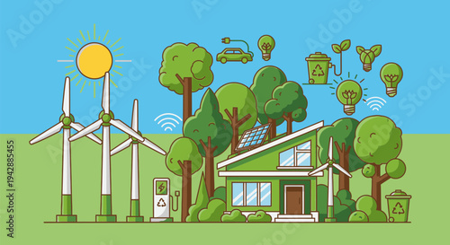A house with solar panels and wind turbines surrounded by trees and eco-friendly vehicles in a green landscape with a sunny sky.