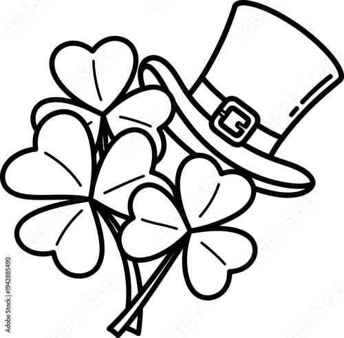 A traditional irish leprechaun top hat with a distinctive buckle rests gently upon a lucky bunch of four-leaf clovers, symbolizing good fortune and st patrick's day celebrations.